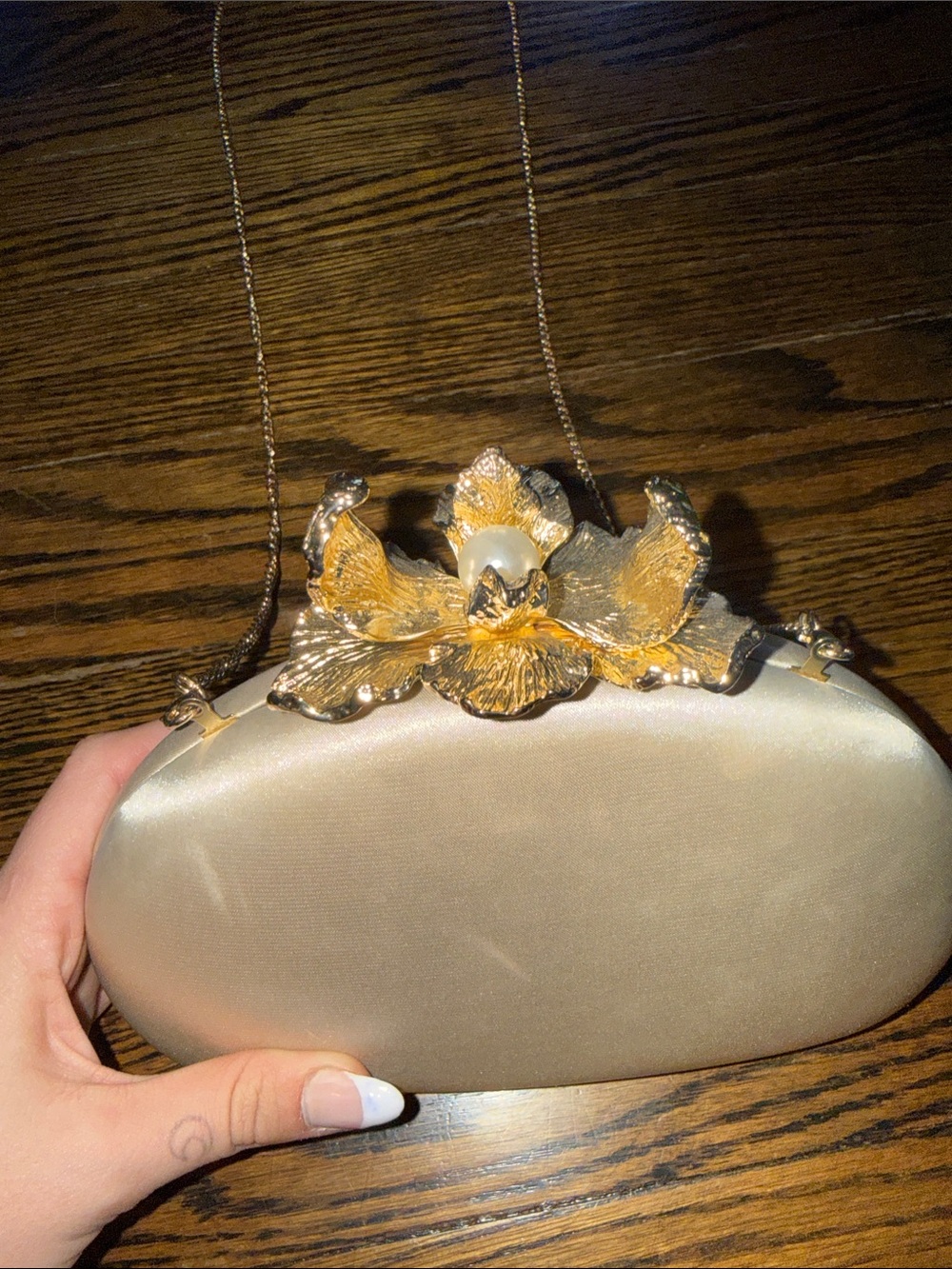 Elegant Gold Satin Floral Clutch with Chain Strap